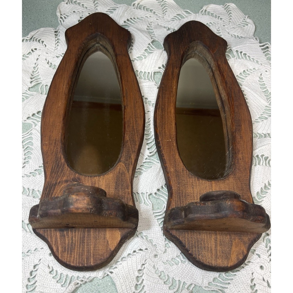 Vintage Pair Of Wooden Wall Hanging Mirrored Taper Candle Holder Sconce Rustic